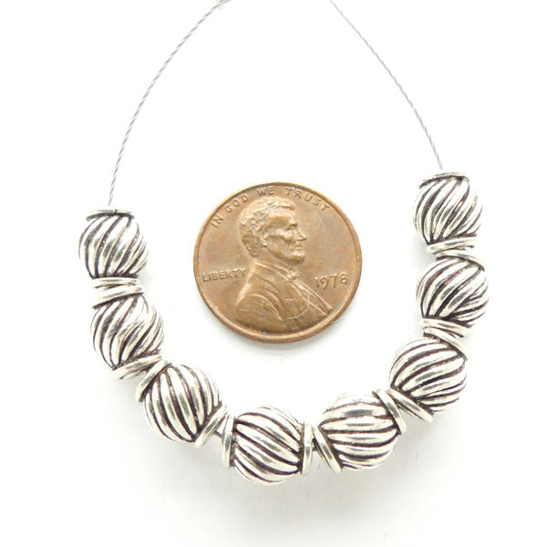 Indian Silver Round Swirl Beads 9x8mm with Swirled Design, Sold Individually