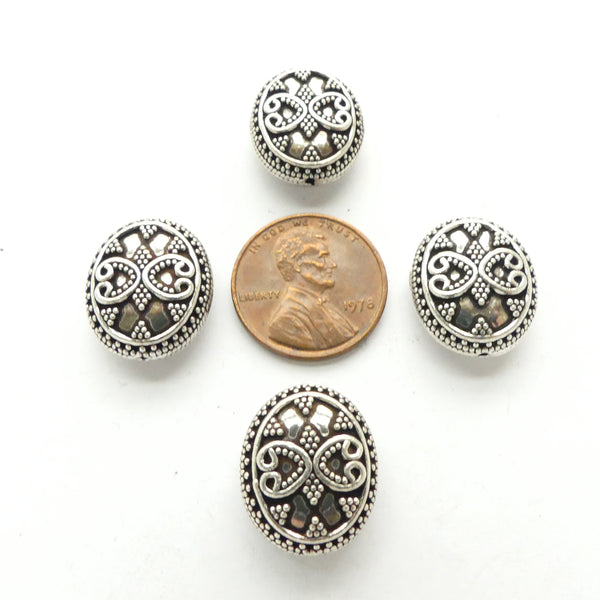 Indian Silver Flat Ovals Fancy Decoration on Both Sides, 17x15mm, Sold Individually