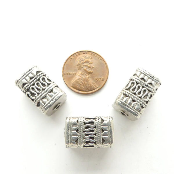 Indian Silver Brick Shape Beads with Fancy Decoration, 17x10x10mm