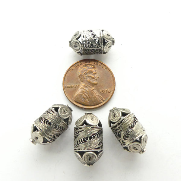 Indian Silver Filigree Barrel Beads, 16x9mm