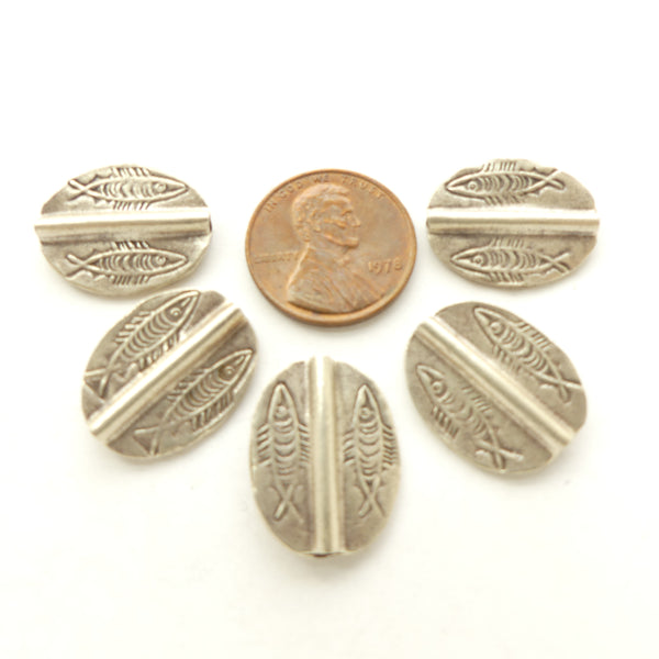 Thai Silver, Stamped Flat Oval Bead with Fish on Both Sides, 19mm long, Sold Individually