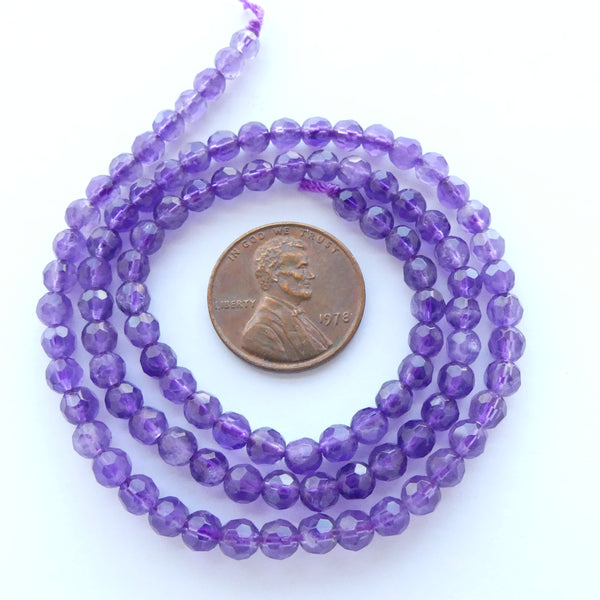 Amethyst Faceted Round, Medium Color 4mm Beads on 16-inch Strand