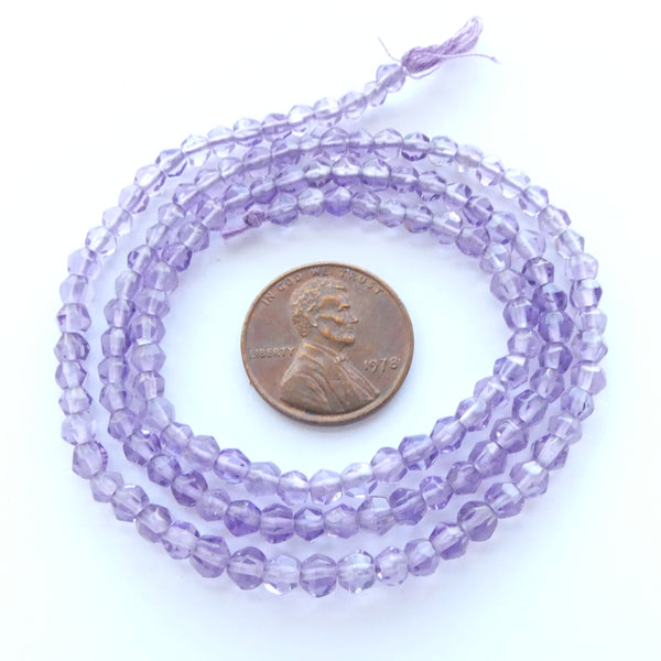 Amethyst Faceted Round Beads, 3mm Light Lavender Color on Long 18-inch Strand