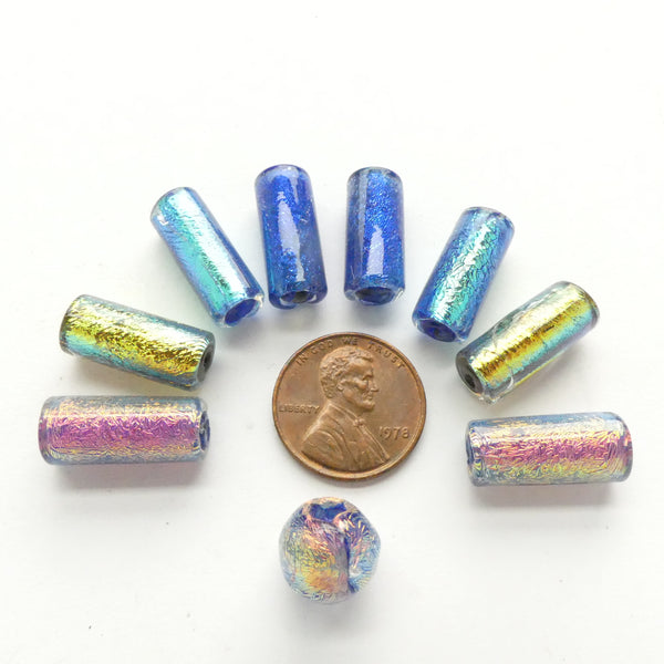 John McBride Dichroic Glass Cylinder Beads & 1 Round, Sold as Set of 9 Beads