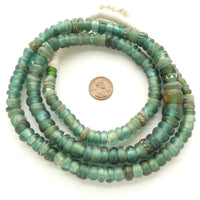 Dutch Antique Annular Trade Beads, Blue-Green, Extra Long Strand, Graduated 33-inch Strand