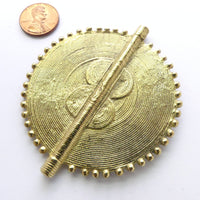 Brass, African Inspired Large Disc Bead with Sun/Moon Design, 2.5 Inches Diameter