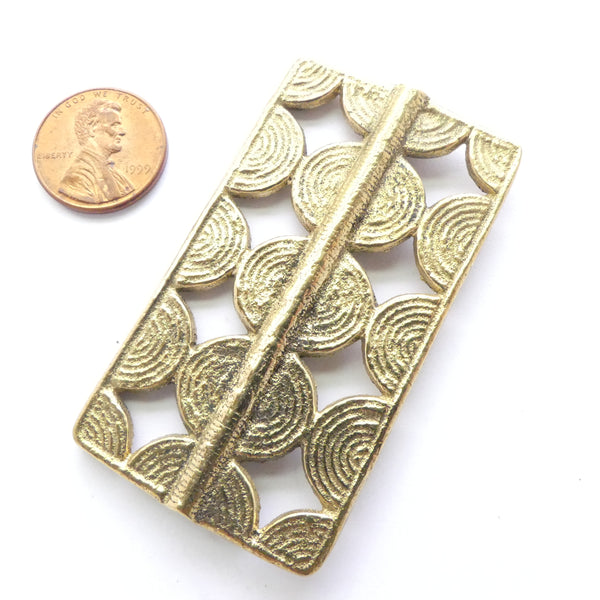 Brass, African Inspired Large Rectangle Bead with Sun/Moon Design, 2.5 x 1.25 inches