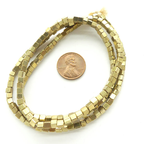 Brass, Cube Beads 3x3mm on 24-inch Strands