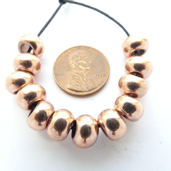 Copper, Large Hole 6x8mm Shiny Copper Beads, Sold by the Dozen