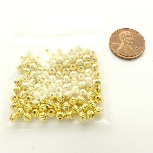 Gold Tone, Corrugated Round Beads 4mm, Packages of 100