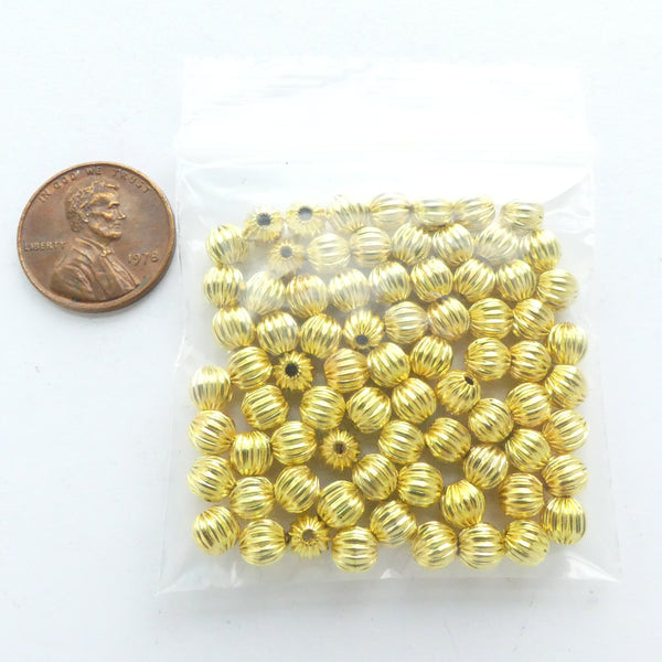 Gold Tone, Corrugated Round Beads, 5mm, Sold In Packages of 75