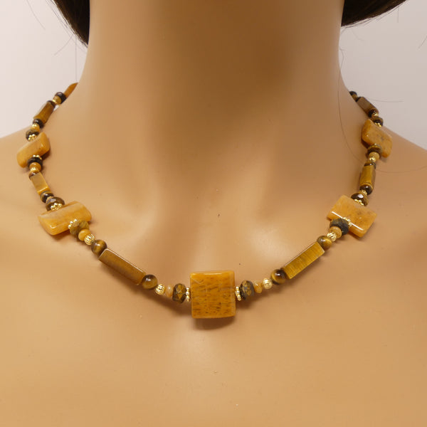 Soft Warm Earthtone Gems Contrast with Angular Geometric Shapes in 20 inch Necklace