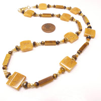 Soft Warm Earthtone Gems Contrast with Angular Geometric Shapes in 20 inch Necklace