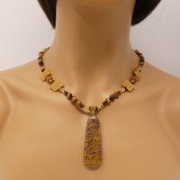 Golden Brown Fossil Japer Pendant with Tiger Eye and Yellow Jasper, 20 inch Necklace