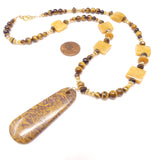 Golden Brown Fossil Japer Pendant with Tiger Eye and Yellow Jasper, 20 inch Necklace