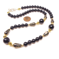 Elegant Black Onyx Faceted & Smooth Beads with Vintage Black Cloisonne, 22 inches