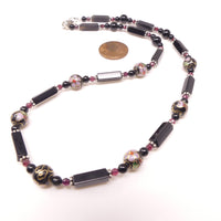 Delicate Black Onyx with Vintage Cloisonne & Faceted Garnet, Sterling Accents,  22 inches