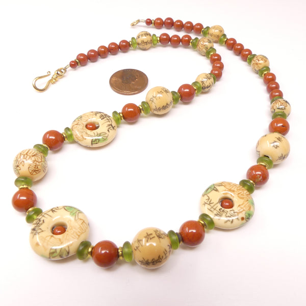 Rare Multi-color Vintage Porcelain Beads with Red Jasper and Olive Green Glass, 19 inches