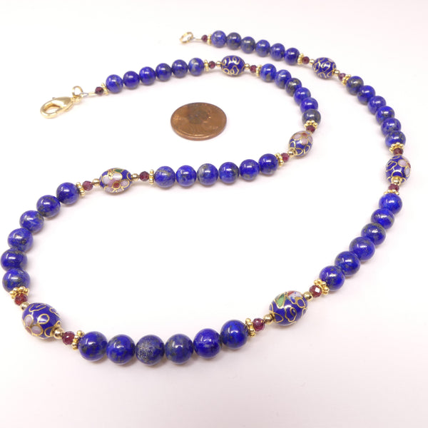 Timeless Combo of Natural Lapis and Vintage Blue Cloisonne, Vemeil Accents, 19 inches