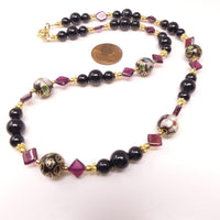 Black Vintage Cloisonne, Black Onyx 8mm Round Beads & Diamond Cut Garnets, 18 inches