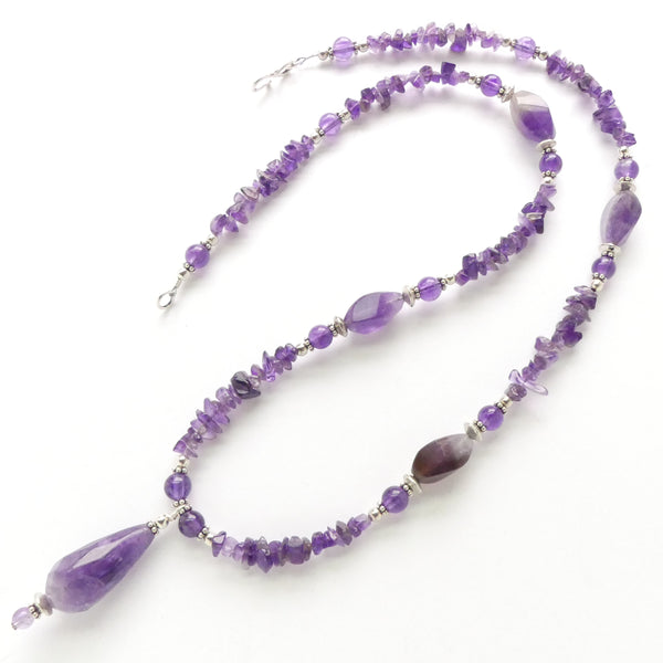 Amethyst Necklace wiht Faceted Drop Pendant, Chips and Faceted Ovals, 22 inches long