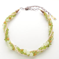 Gems & Pearls, Four Strands of Twisted Peachy Pearls & Spring Green Gems, Adjusts to 21"