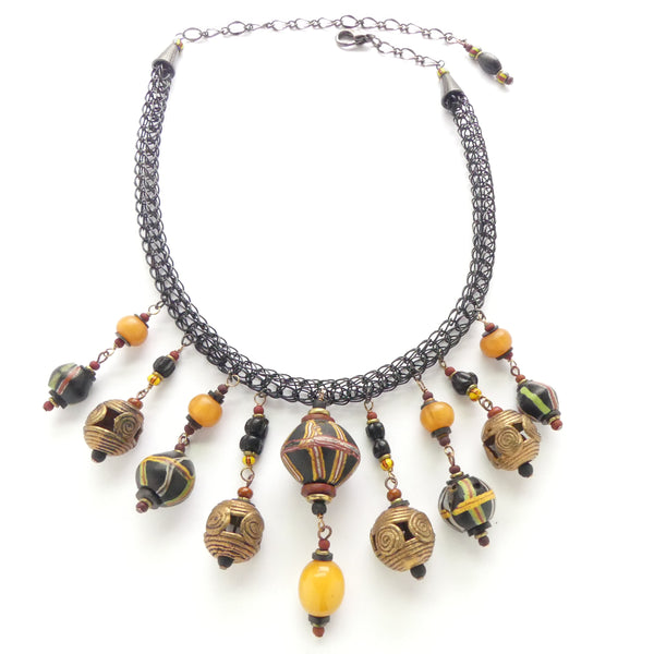 Viking Knit Collar, Antique Venetian Trade Beads & African Brass, Adjustable to 18.5 inches