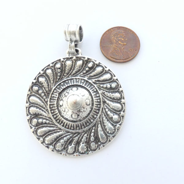 White Metal, Turkish Large Round Pendant, 2.5 Inches Long Including Pendant