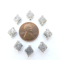 Silver Tone, Cast Diamond Shape Beads, Small 10x10mm, Sold by the Set of 8