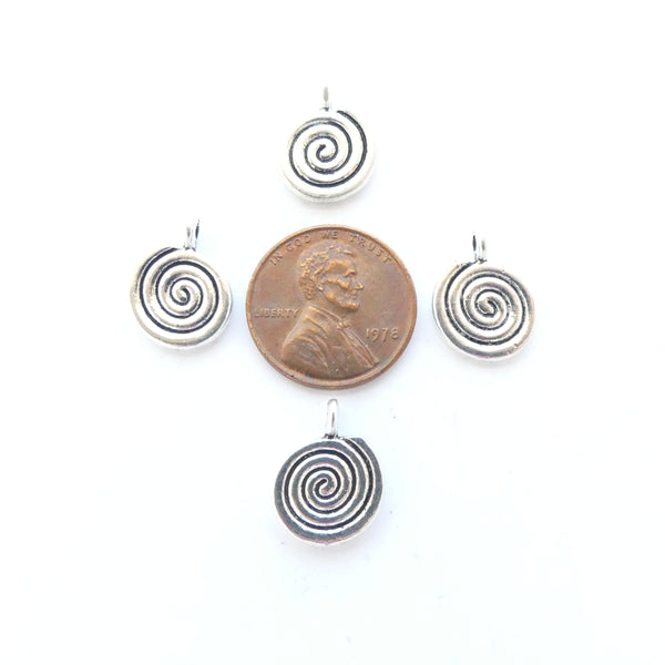 White Metal, Cast Spiral Charm, 14mm Including Loop, Sold by the Set of 4