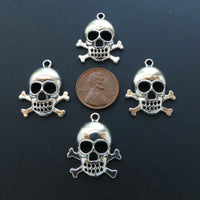 Halloween, Skull and Cross Bones Pendant, Silver Plated, 22x26mm, Sold by the Set of 4