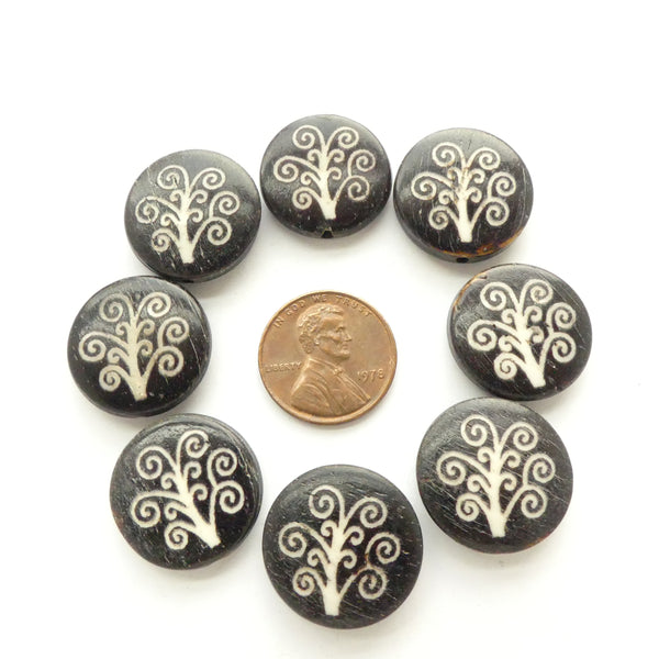 Bone, Batik Tree Of Life Design on 20mm Coin Shape, Sold by the Set of 4