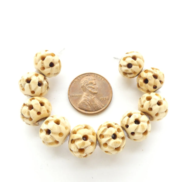 Bone, Carved Beads, 10x12mm with Elaborate Carving, Sold Individually