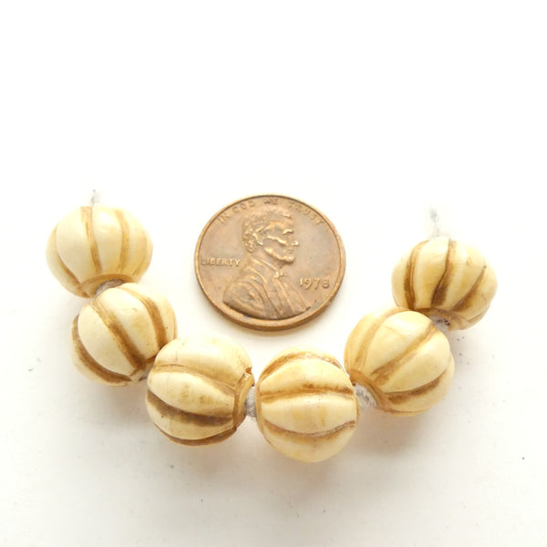 Bone, Melon Beads 10x11mm Antiqued Finish, Sold in Sets of 6 Beads