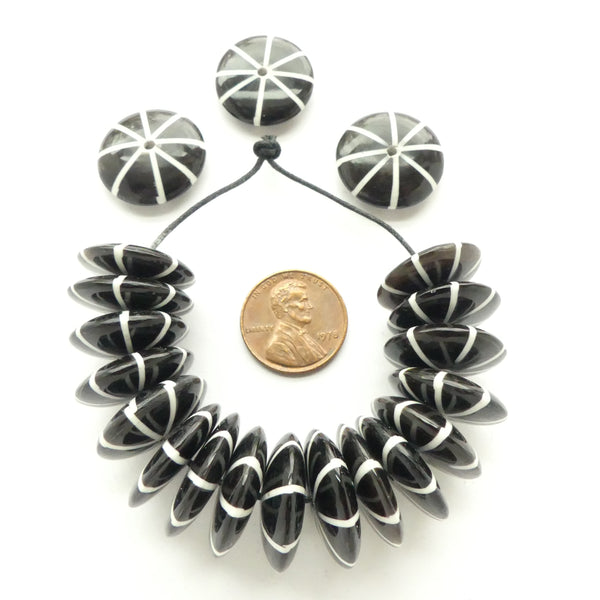 Bone & Horn Beads, Black and White Rondelles, 20mm Diameter, Sold in Sets of 6