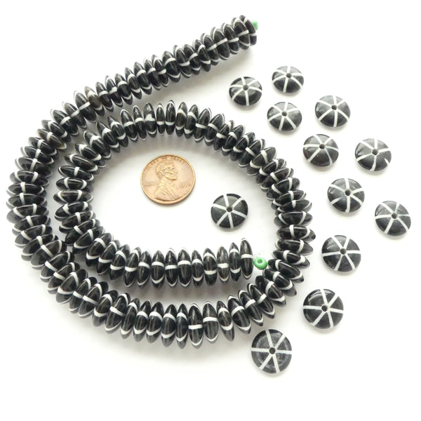 Bone & Horn Beads, Black and White Rondelles, 12mm Diameter, Sold in Sets of 12