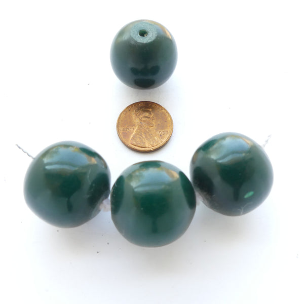 African Faux Amber, Vintage Very Dark Green Resin Round Beads, 21mm Diameter, Sets of 4