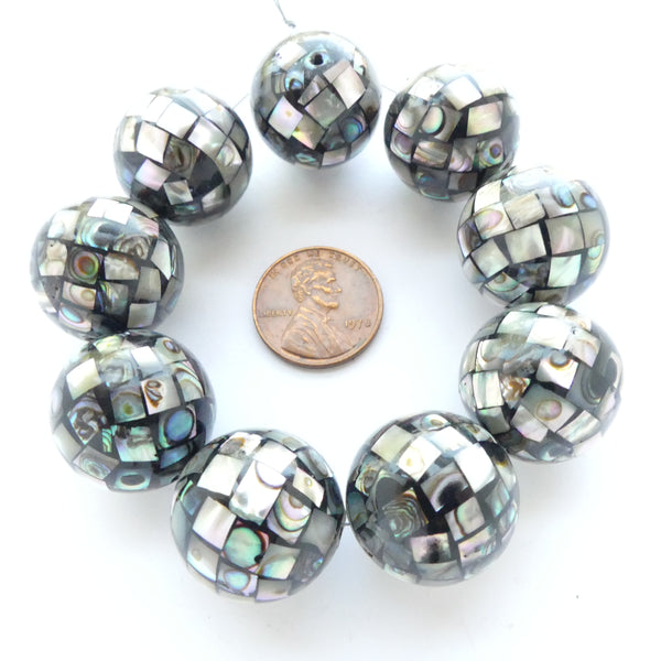 Abalone Shell, Round 20mm Beads with Shell Mosaic, Sold Individually