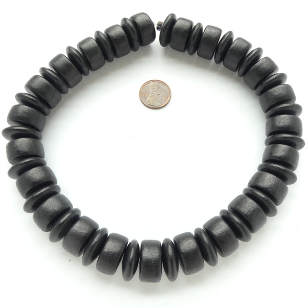 Black Wood Barrels and Rondelles, 20mm Diameter on 16-inch Strands