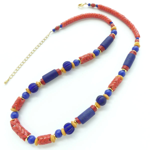 Snake Beads, Coral Color with Amber and Royal Blue, Adjustable 22-25 inches long