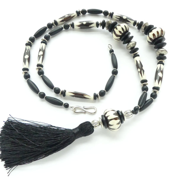 Batik Bone Long Necklace with Mali Silver Bicones and Large Tassel, 34" plus 5" Tassle