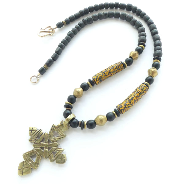 Brass Ethiopian Cross with Brass, Vintage Vinyl and Black, 17 inches long