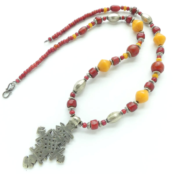 White Hearts, Amber and Ethiopian Silver Cross and Beads, 28 inches long