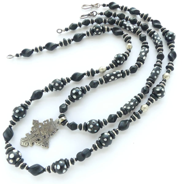 Black & White Antique Venetian Trade Beads with Small Ethiopian Cross,  19 inches long