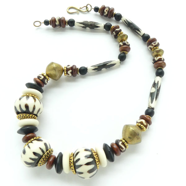 Batik Bone Bead From Kenya and Mali Brass Bicones, 21 inches long