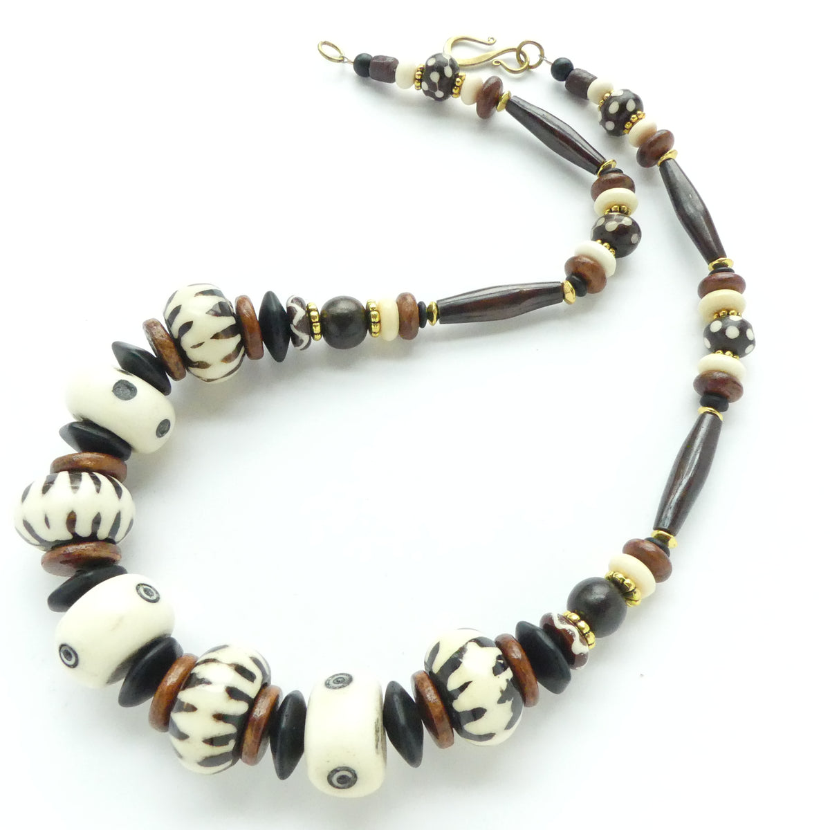 Batik Bone from Kenya & India, with Black Hairpipe Bone Beads, 22 inch ...