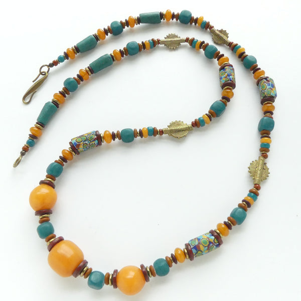 Millefiori Trade Beads with Turquoise Glass, Amber Resin & Ghana Brass, 31 inches long.