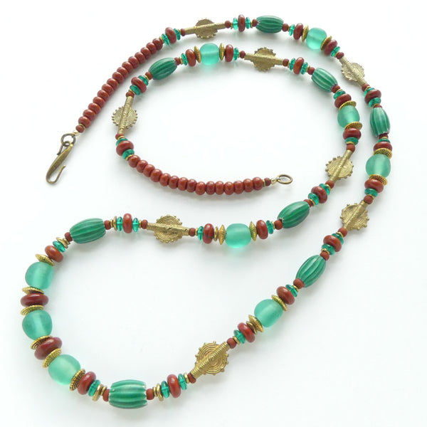 Watermelon Beads with Ghana Brass and Red Jasper, 35 inches long