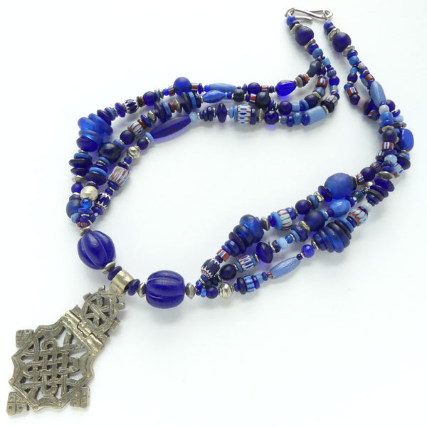 Blue "Bead Soup" Three-Strand Necklace of Assorted Trade Beads, 21 inches long