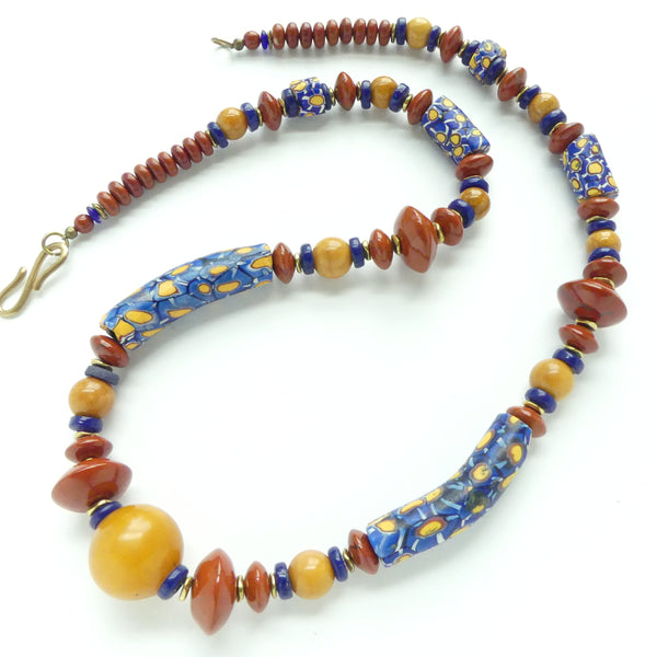 Blue & Amber Curved Trade Bead Necklace with Red & Yellow Jasper, Amber, 28-inches